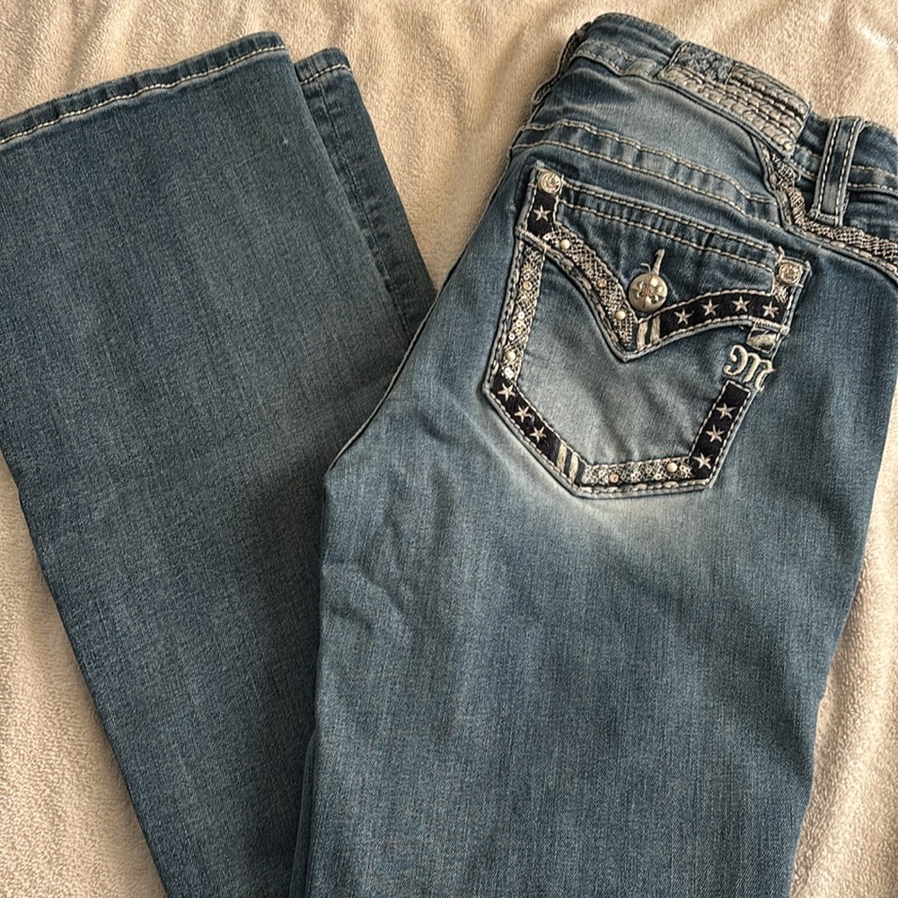 Miss Me Blue Boot Cut Jeans with Rhinestone Accents - Picture 4 of 4